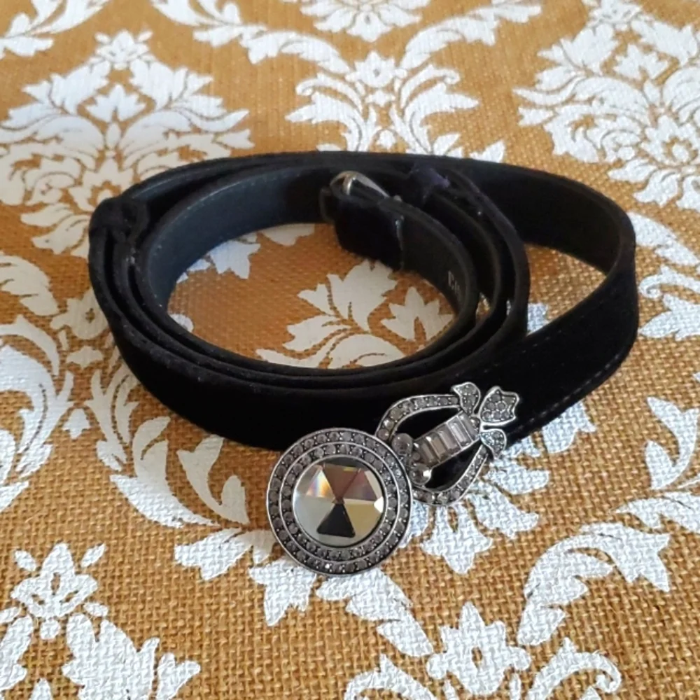Chico's Adjustable Black Leather Belt with Rhinestone Buckle